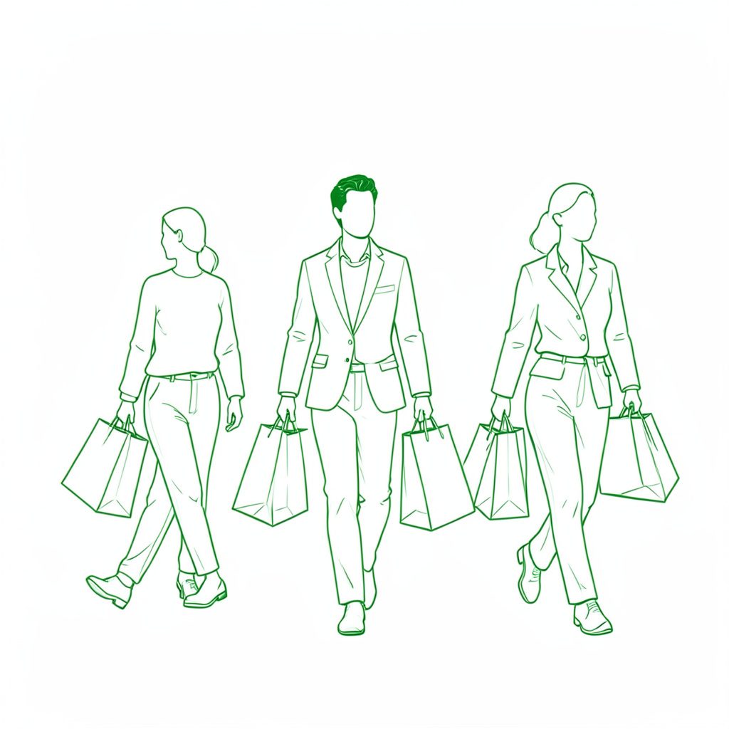Ilustración minimalista de personas caminando con bolsas de compra, paleta verde y blanco, aire cercano.